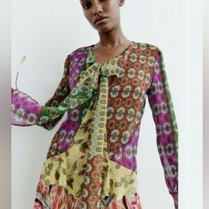 Zara RARE Sheer Bohemian Blouse With Bow Tie and Beaded Tassels XS